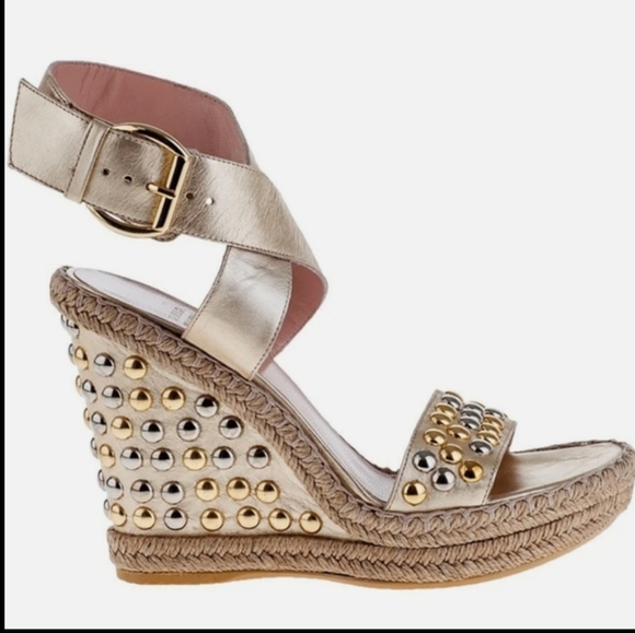 Stuart Weitzman Hubcaps Wedge Metallic Studded Espadrille Sandals 7M - Picture 3 of 17